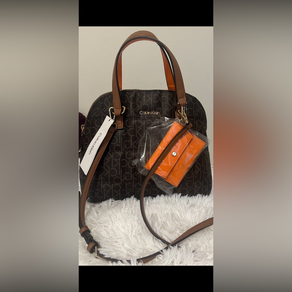 2-Piece Calvin Klein Brown Signature Dome Satchel + Card Case